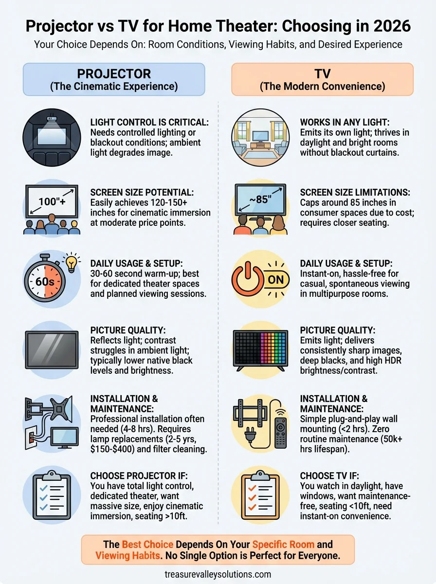 projector vs tv for home theater infographic